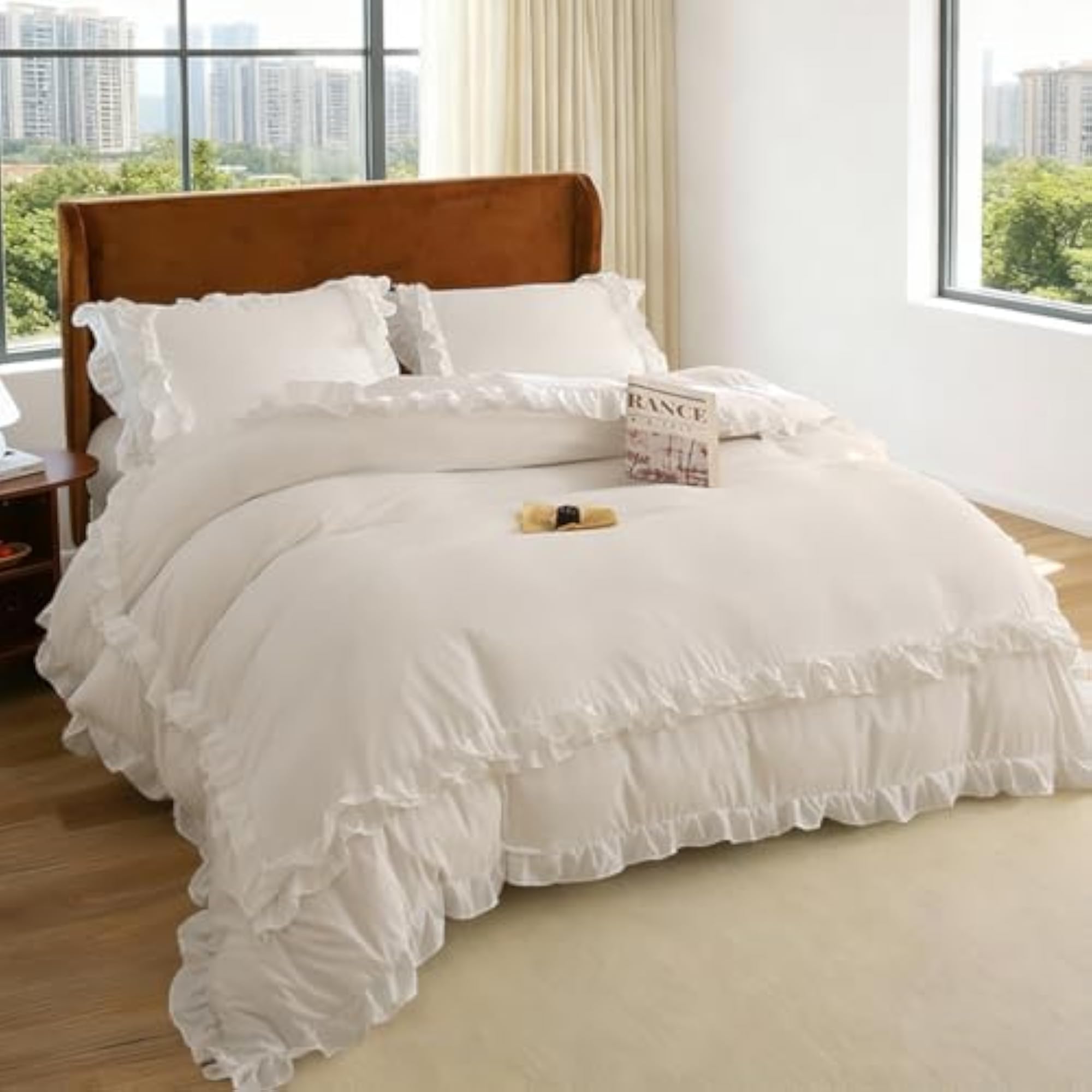 White Ruffle Duvet Cover Queen 3Pcs Shabby Chic